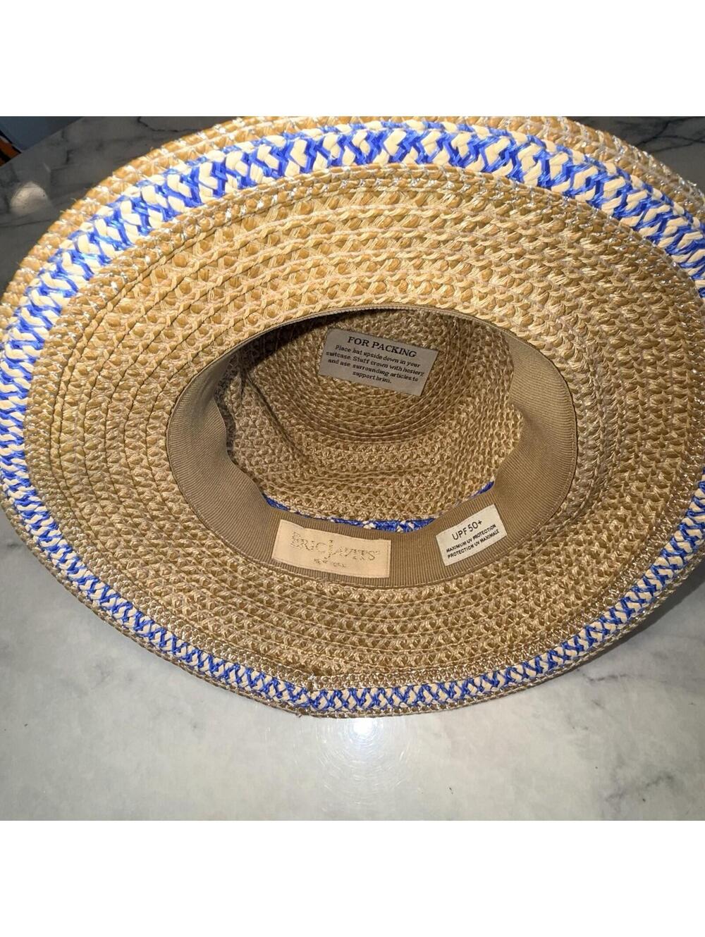 Eric Javits Woven Raffia Straw Hat UPF 50+ Packable Squishee Bucket Beige Blue - Picture 8 of 8